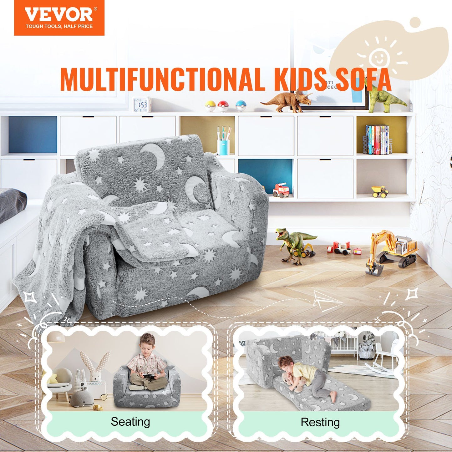 VEVOR Fold-out Kids Sofa, Glow-in-the-Dark Kids Couch Chair, 2-in-1 Children Convertible