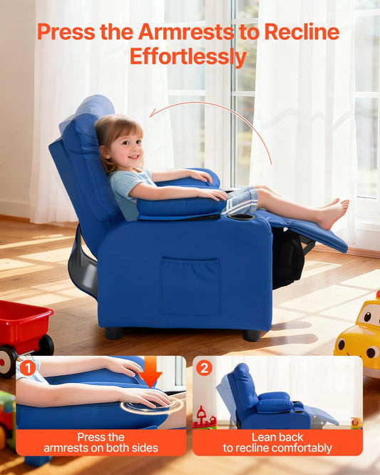 Kids Reclining Chair, Toddler Recliner with 2 Cup Holders and 4 Pockets, 107° to 126° Adjustable Back, Easy-to-Clean PU Leather Recliner Couch with Footrest, for Boys, Girls & Children (Blue)