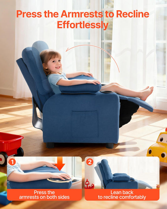 Kids Recliner Chair, Toddler Lounger with Cup Holders & Pockets, 107° to 126° Adjustable Back, Breathable Polyester Upholstery Reclining Sofa with Foot-rest, for Boys and Girls, Children (Blue)
