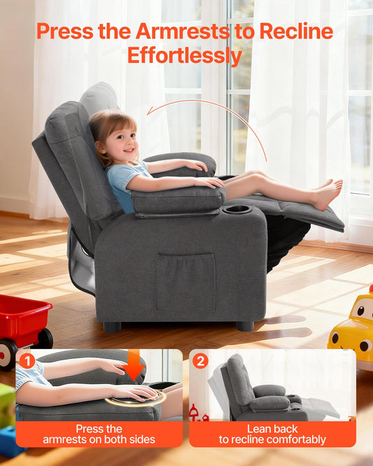 Kids Recliner Chair, Toddler Lounger with Cup Holders & Pockets, 107° to 126° Adjustable Back, Breathable Polyester Upholstery Reclining Sofa with Foot-rest, for Boys and Girls, Children (Gray)