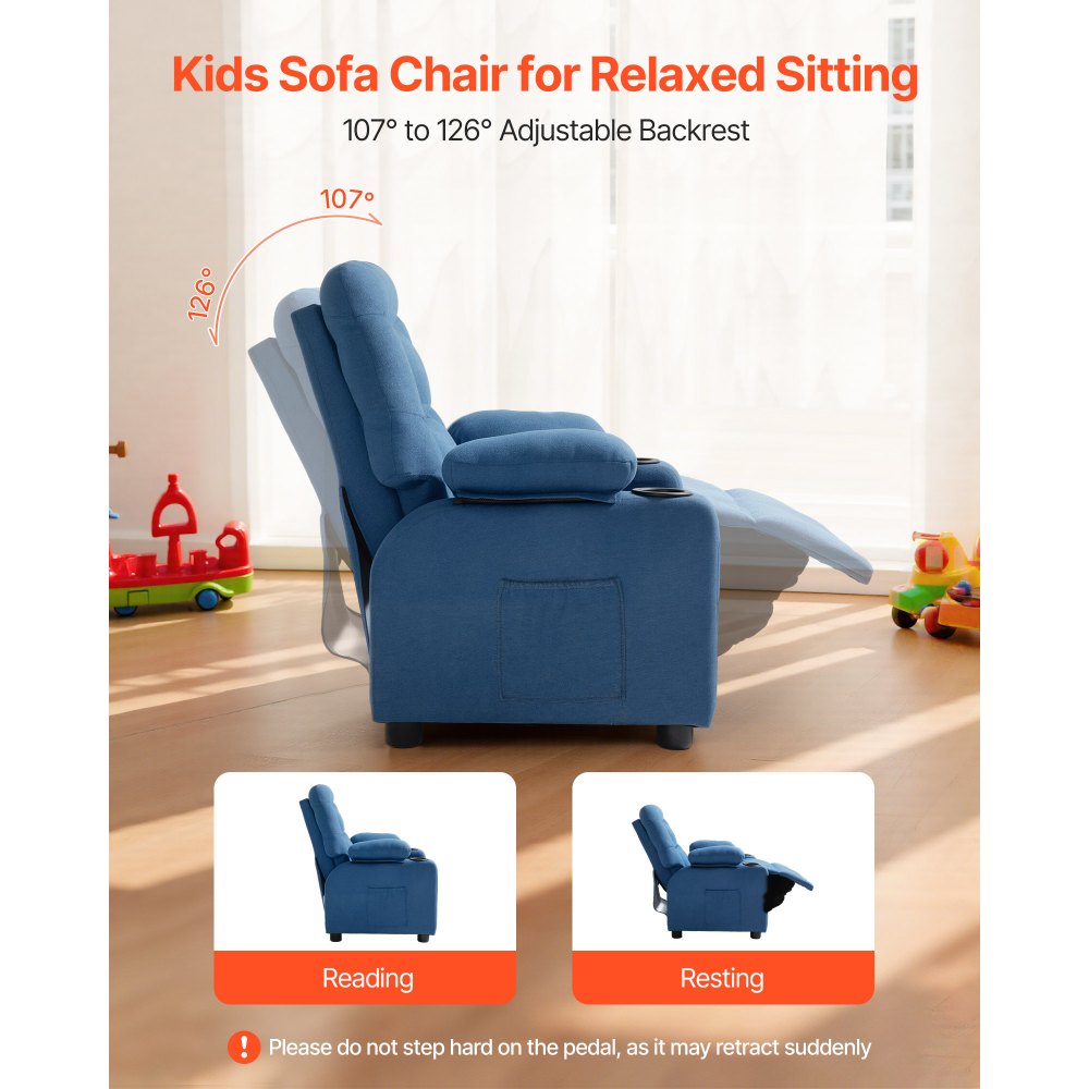 VEVOR Kids Reclining Chair Toddler Recliner with Cup Holders and Pockets (Blue)
