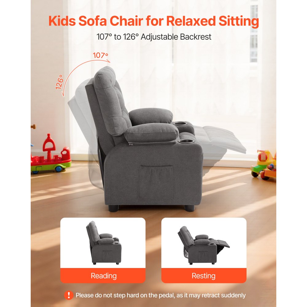 VEVOR Kids Reclining Chair Toddler Recliner with Cup Holders and Pockets (Grey)