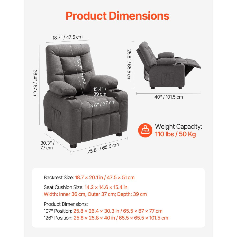 VEVOR Kids Reclining Chair Toddler Recliner with Cup Holders and Pockets (Grey)