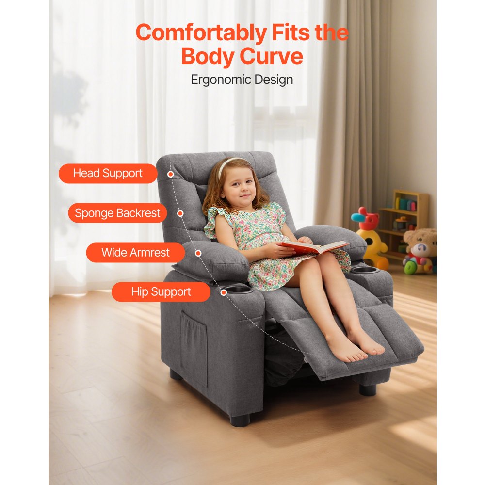 VEVOR Kids Reclining Chair Toddler Recliner with Cup Holders and Pockets (Grey)