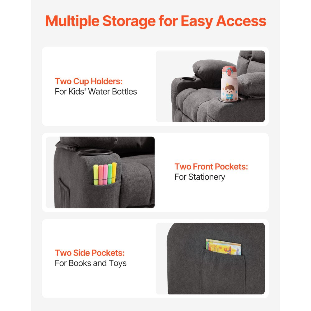 VEVOR Kids Reclining Chair Toddler Recliner with Cup Holders and Pockets (Grey)