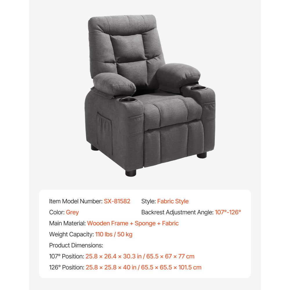 VEVOR Kids Reclining Chair Toddler Recliner with Cup Holders and Pockets (Grey)