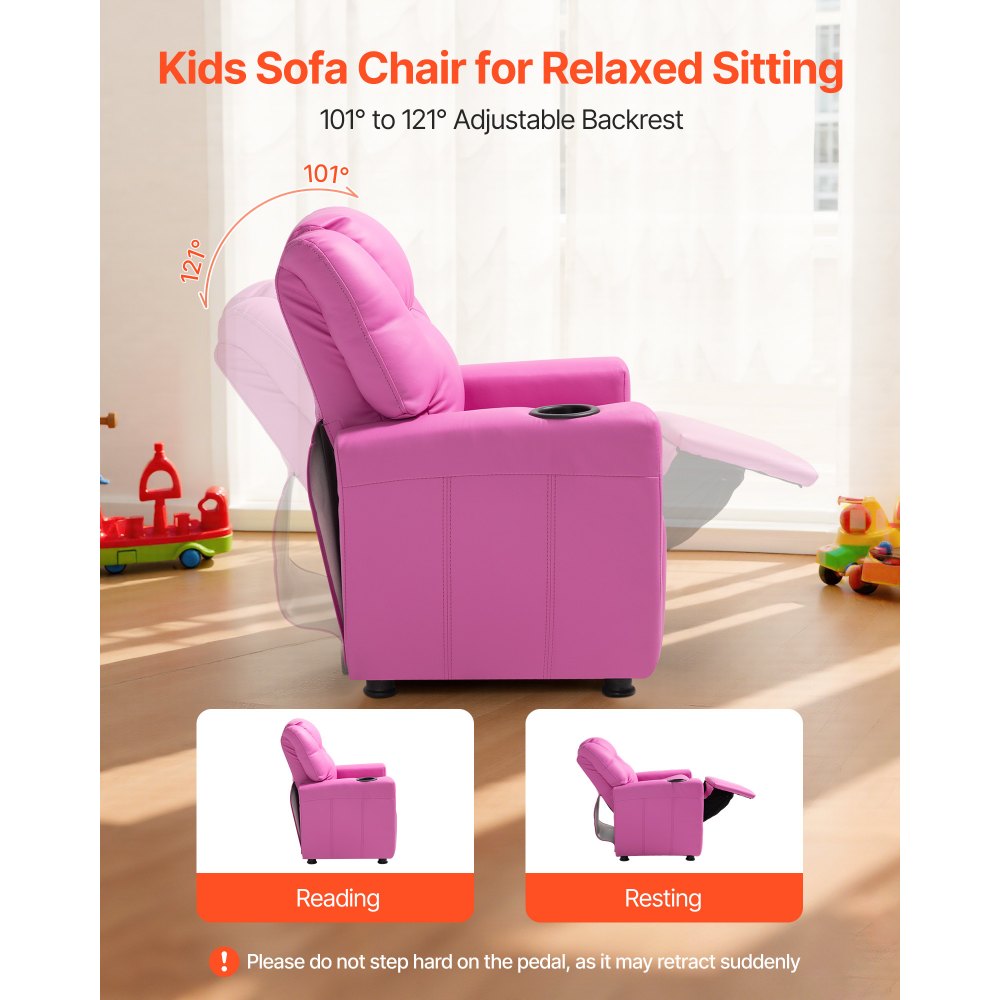 VEVOR Kids Reclining Chair PU Leather Toddler Recliner with Cup Holder (Pink)