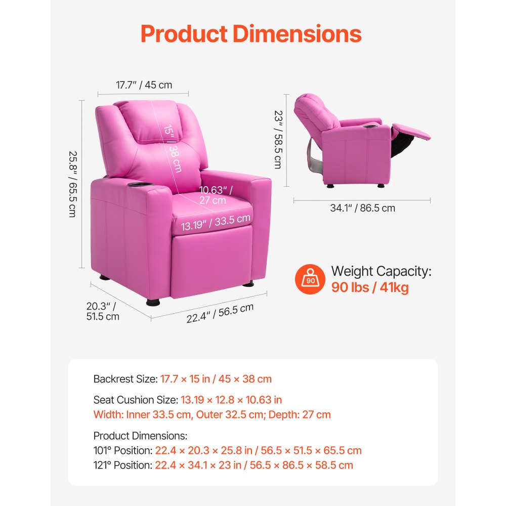VEVOR Kids Reclining Chair PU Leather Toddler Recliner with Cup Holder (Pink)