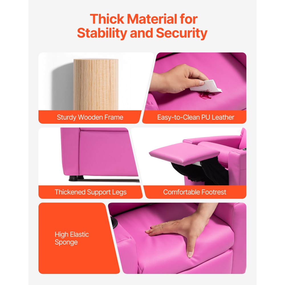 VEVOR Kids Reclining Chair PU Leather Toddler Recliner with Cup Holder (Pink)