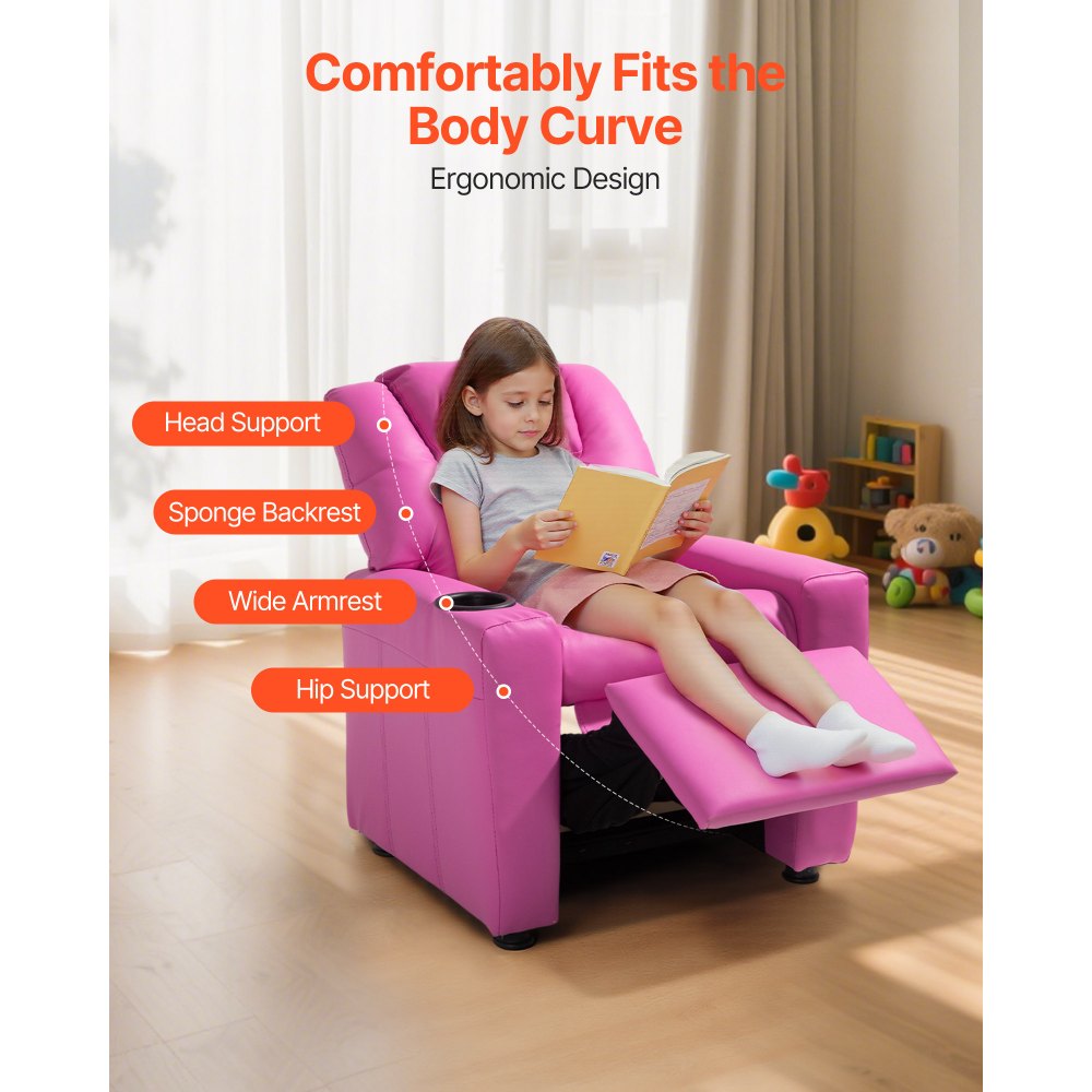 VEVOR Kids Reclining Chair PU Leather Toddler Recliner with Cup Holder (Pink)