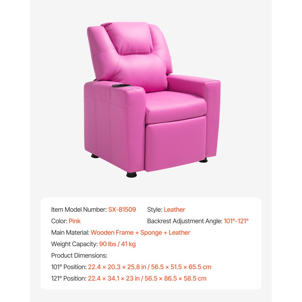 VEVOR Kids Reclining Chair PU Leather Toddler Recliner with Cup Holder (Pink)