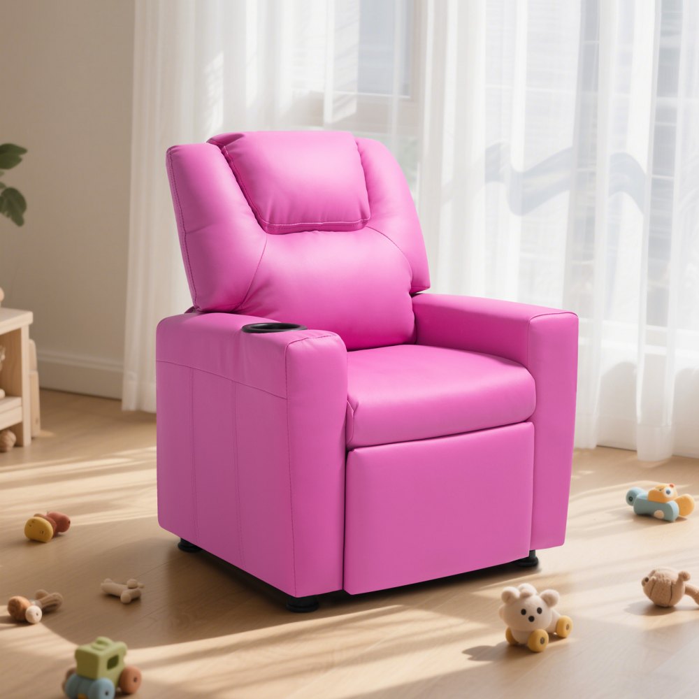 VEVOR Kids Reclining Chair PU Leather Toddler Recliner with Cup Holder (Pink)