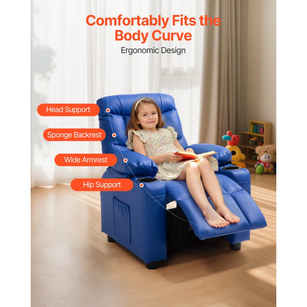 VEVOR Kids Reclining Chair PU Leather Toddler Recliner with Cup Holder & Pocket
