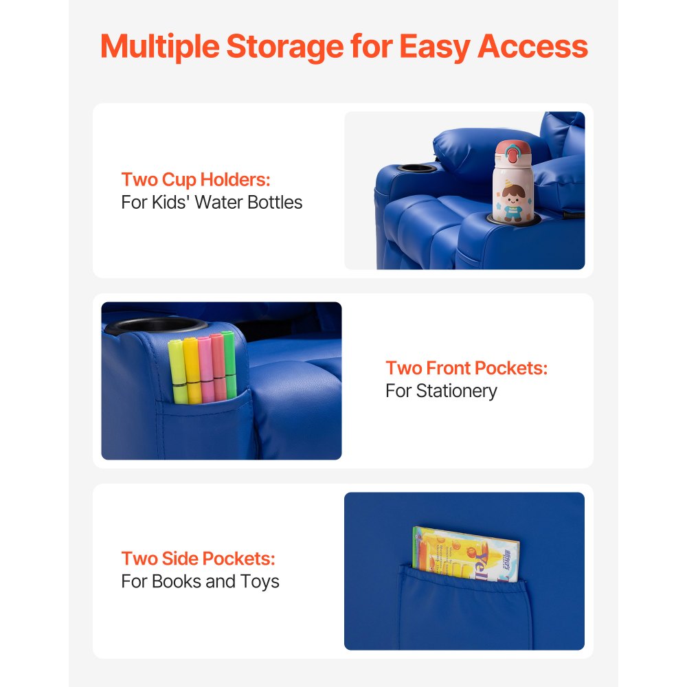 VEVOR Kids Reclining Chair PU Leather Toddler Recliner with Cup Holder & Pocket