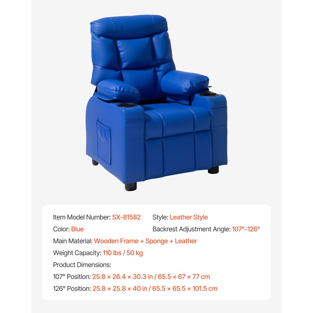 VEVOR Kids Reclining Chair PU Leather Toddler Recliner with Cup Holder & Pocket