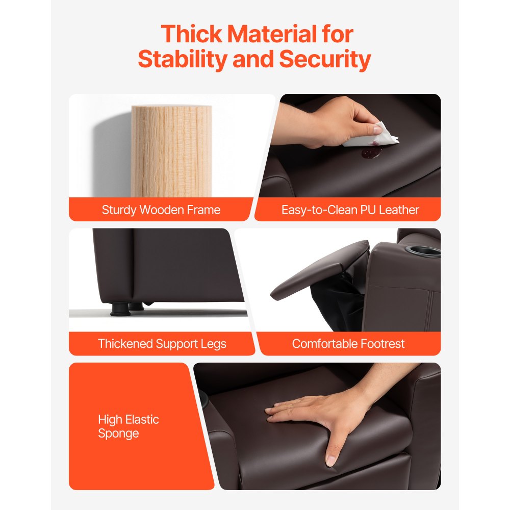 VEVOR Kids Reclining Chair PU Leather Toddler Recliner with Cup Holder (Brown)