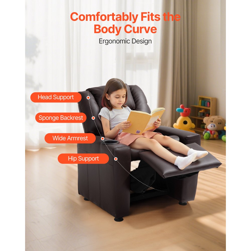 VEVOR Kids Reclining Chair PU Leather Toddler Recliner with Cup Holder (Brown)
