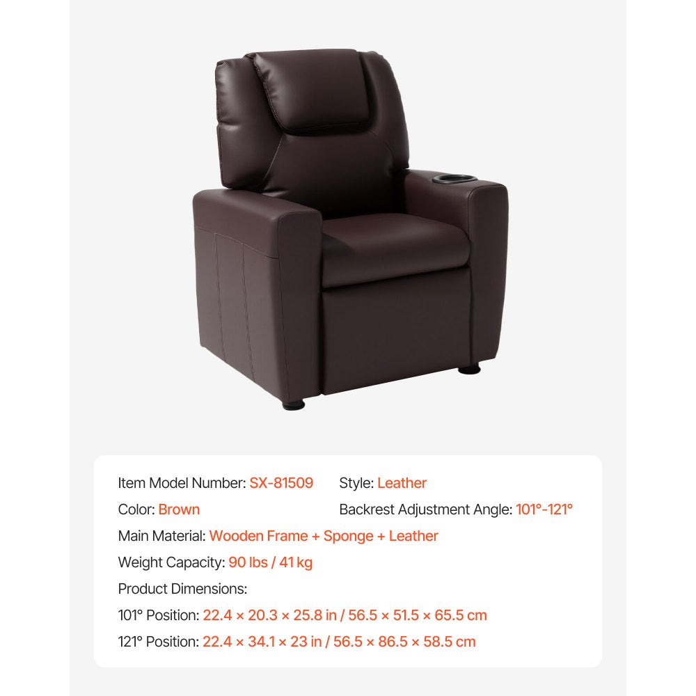 VEVOR Kids Reclining Chair PU Leather Toddler Recliner with Cup Holder (Brown)
