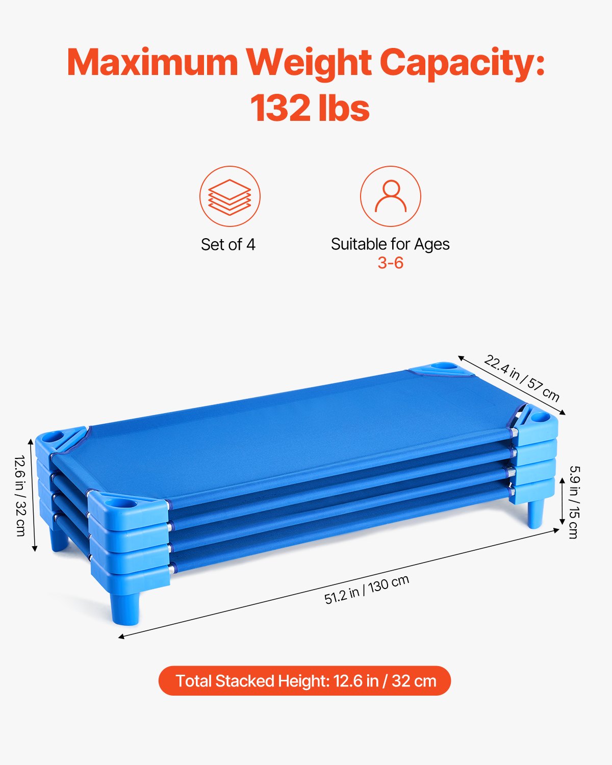 VEVOR Stackable Kiddie Cot 52" x 23" Daycare Nap Cots for Kids Blue (Pack of 4)