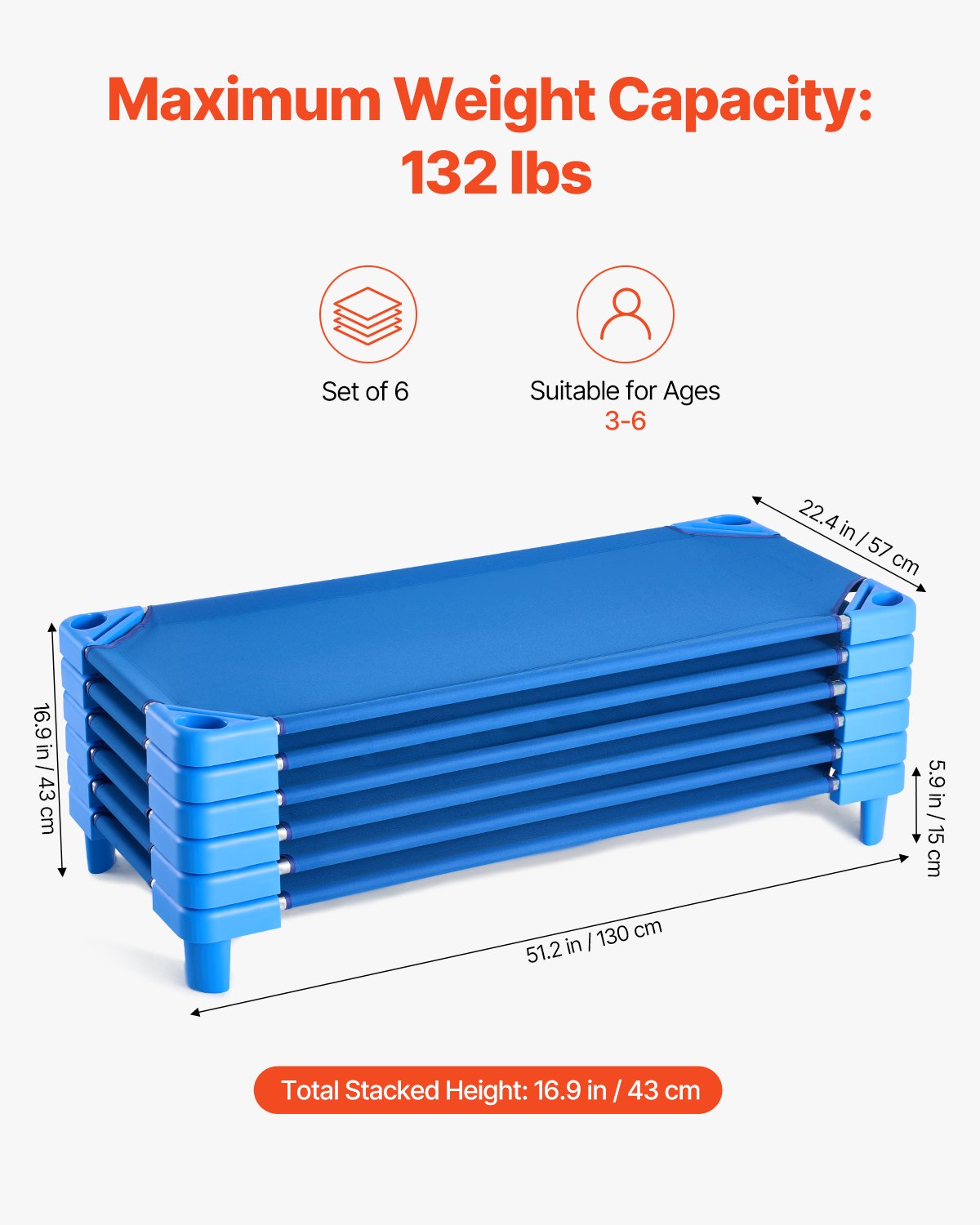 VEVOR Stackable Kiddie Cot 52" x 23" Daycare Nap Cots for Kids Blue (Pack of 6)