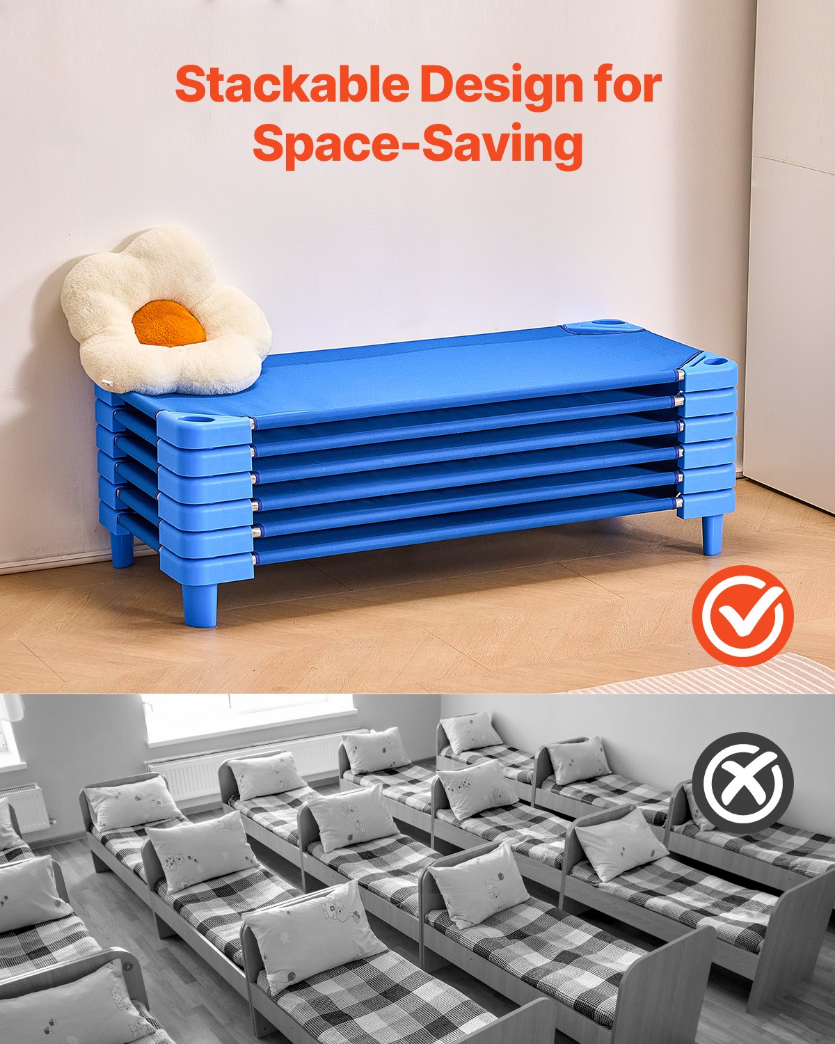 VEVOR Stackable Kiddie Cot 52" x 23" Daycare Nap Cots for Kids Blue (Pack of 6)