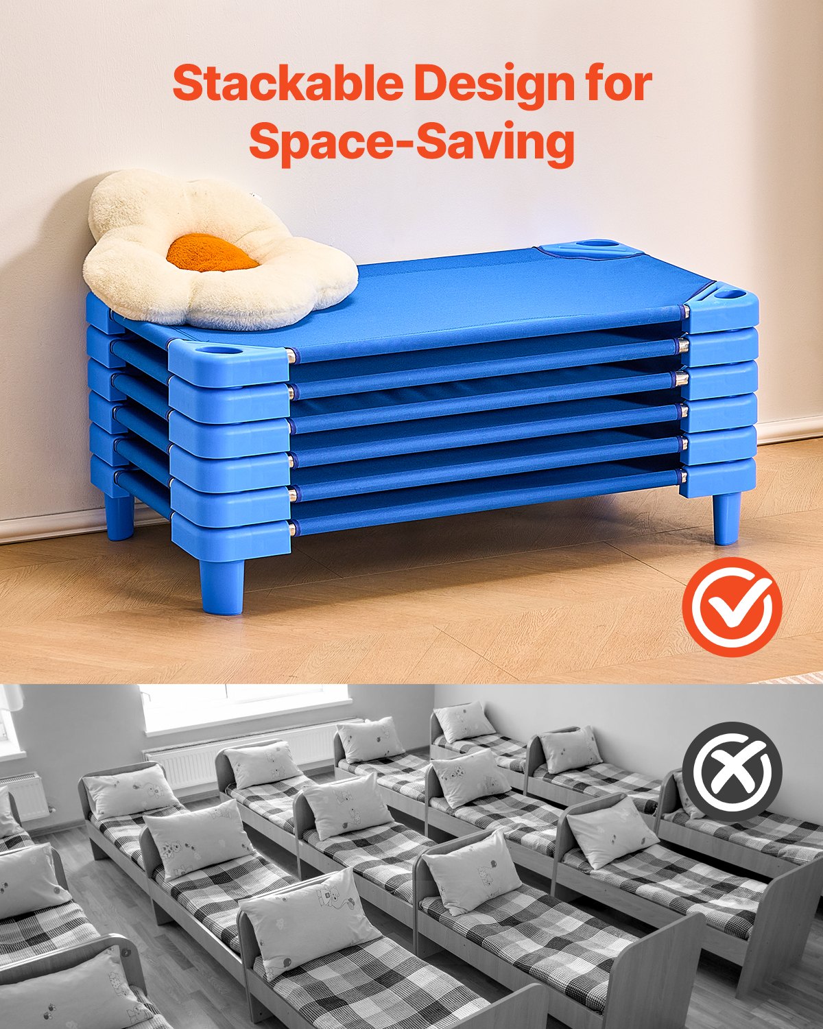 VEVOR Stackable Kiddie Cot 42" x 23" Daycare Nap Cots for Kids Blue (Pack of 6)