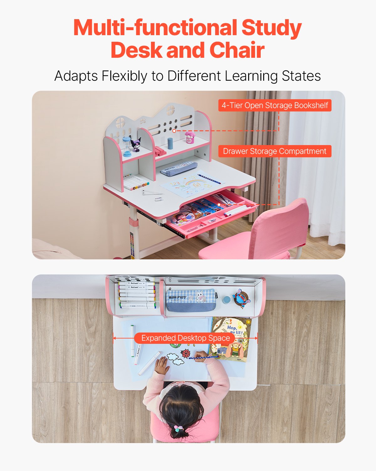 VEVOR Kids Study Chair and Desk with Bookshelf & Drawer Adjustable Height Pink