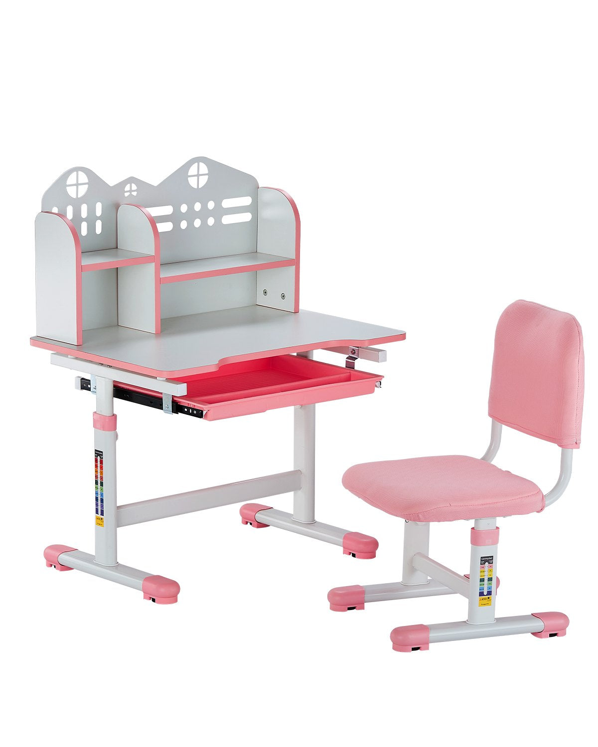 VEVOR Kids Study Chair and Desk with Bookshelf & Drawer Adjustable Height Pink