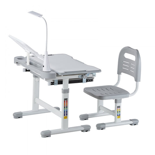 VEVOR Kids Chair and Desk Set Table Lamp Adjustable Height & Tilted Desktop Grey