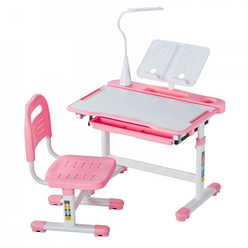 VEVOR Kids Chair and Desk Set Table Lamp Adjustable Height & Tilted Desktop Pink