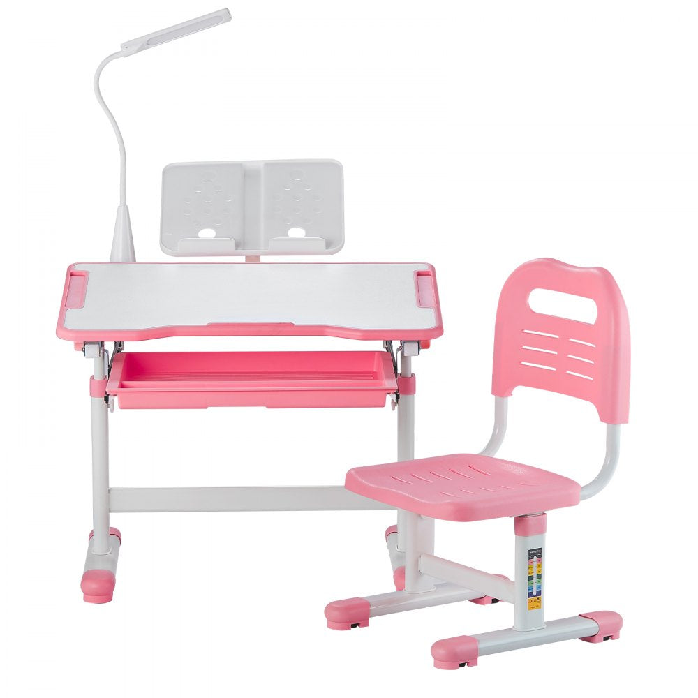 VEVOR Kids Chair and Desk Set Table Lamp Adjustable Height & Tilted Desktop Pink