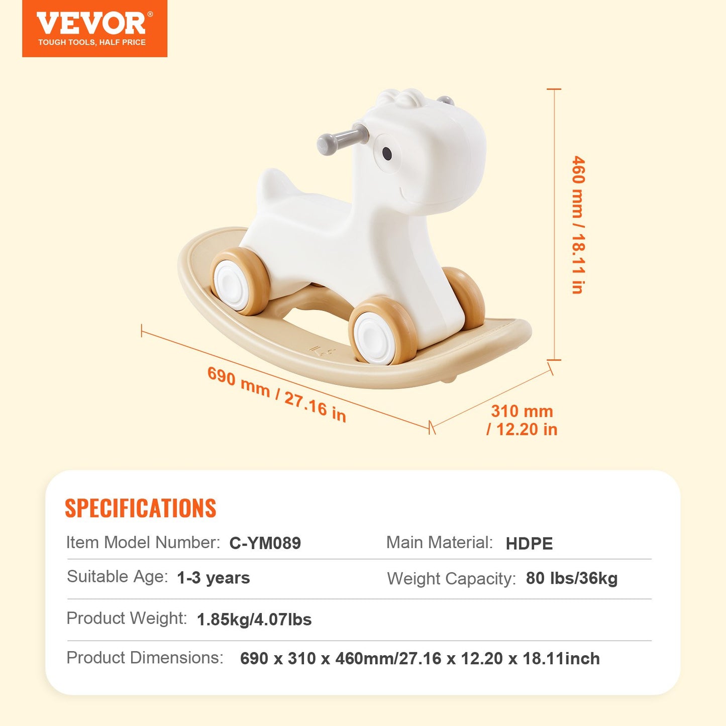 VEVOR 3 in 1 Rocking Horse for Toddlers 1-3 Years, Baby Rocking Horse with Detachable