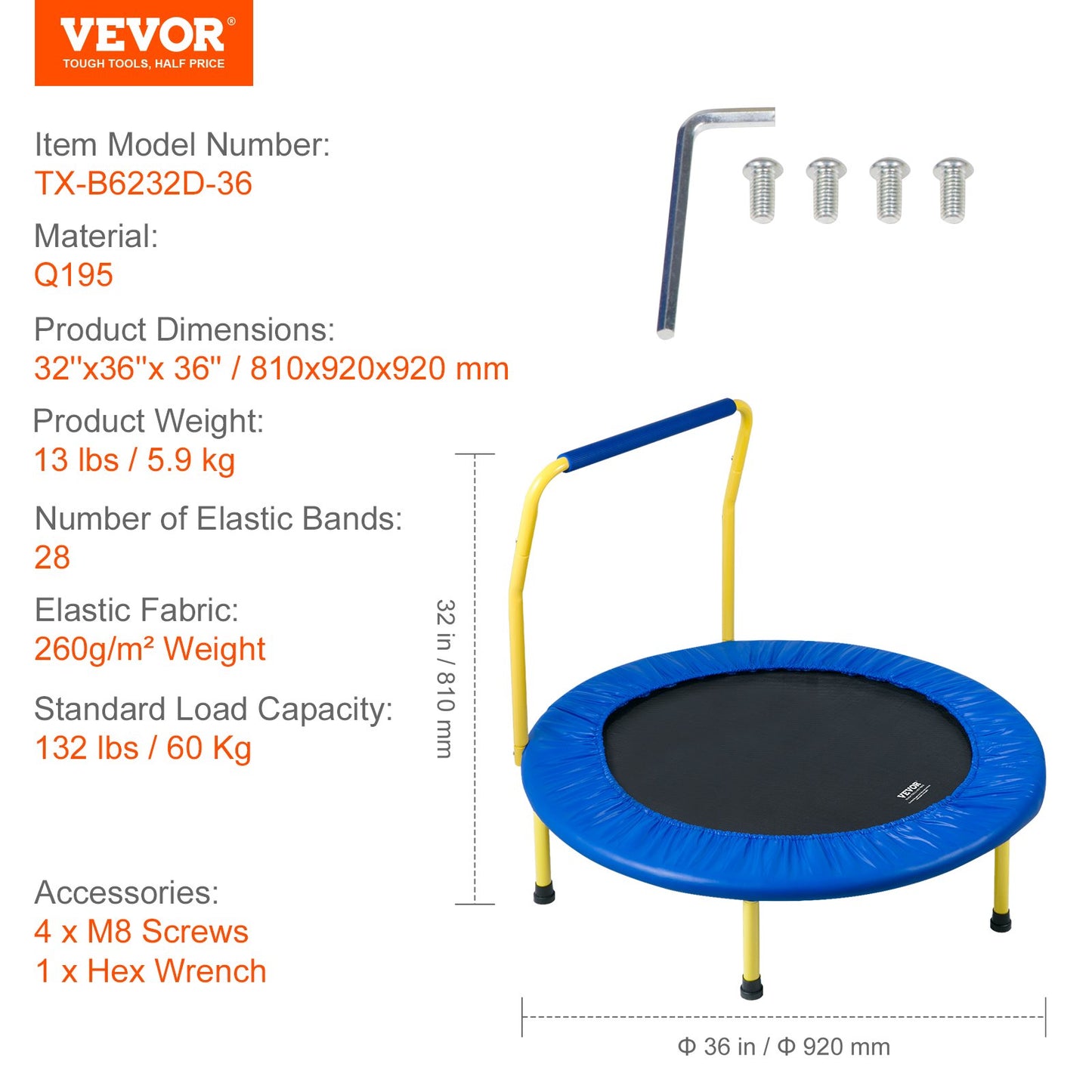 VEVOR 3FT Trampoline for Kids, 92 cm Trampolines Indoor/Outdoor Trampoline for Toddlers,