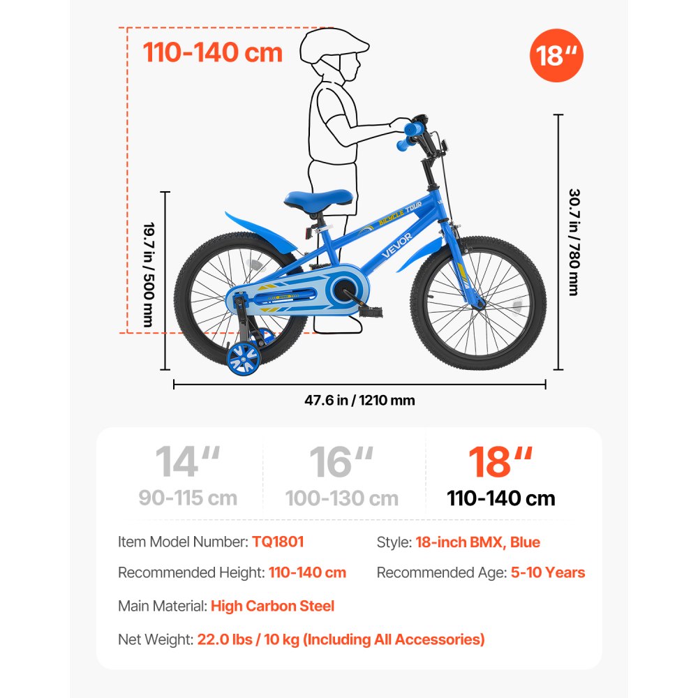 VEVOR Kids Bike 18 Inches BMX Style Children Bicycle for Boys & Girls Aged 5-10