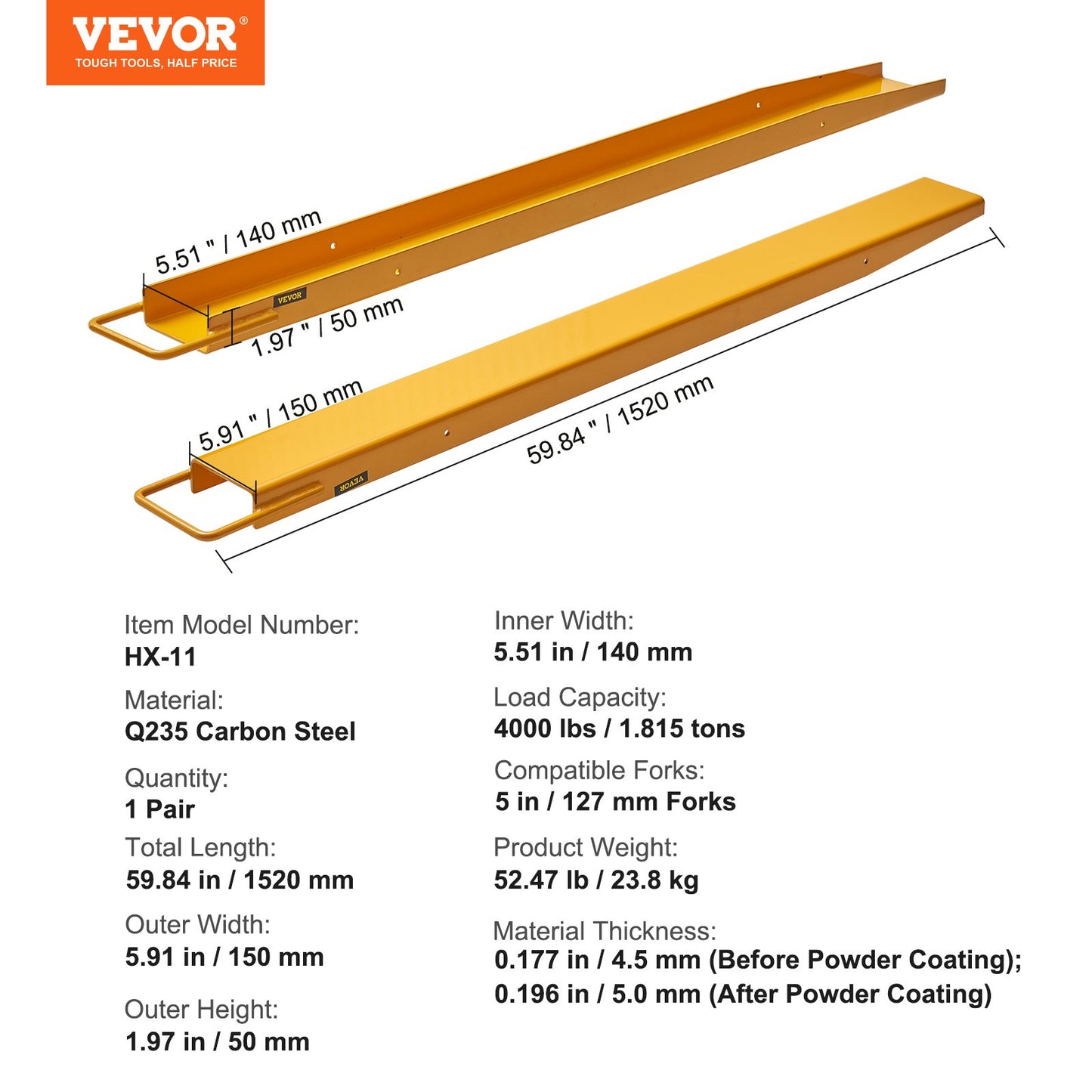VEVOR Pallet Fork Extensions 60 Inch Length 6 Inch Width Forklift Extensions for