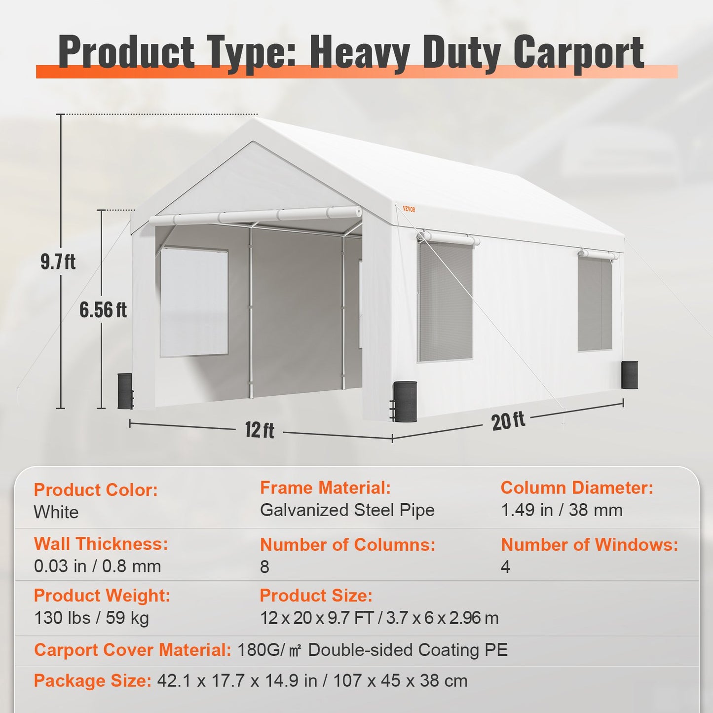VEVOR Carport, 12 x 20 ft Heavy Duty Car Canopy with Roll-up Ventilated Windows,