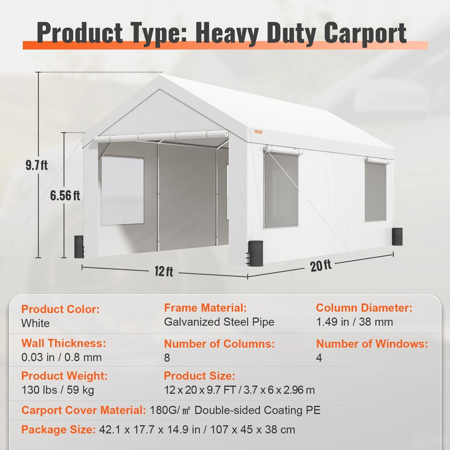 Heavy Duty 3.7 x 6 m Car Canopy with Windows and Removable Sidewalls