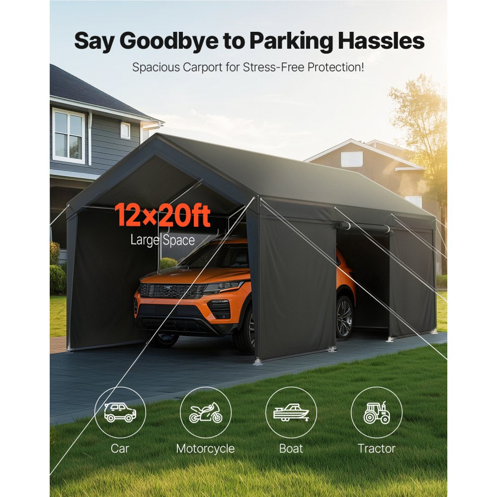 VEVOR Carport Car Canopy 12x20FT Heavy Duty Car Shelter with Sidewalls Grey
