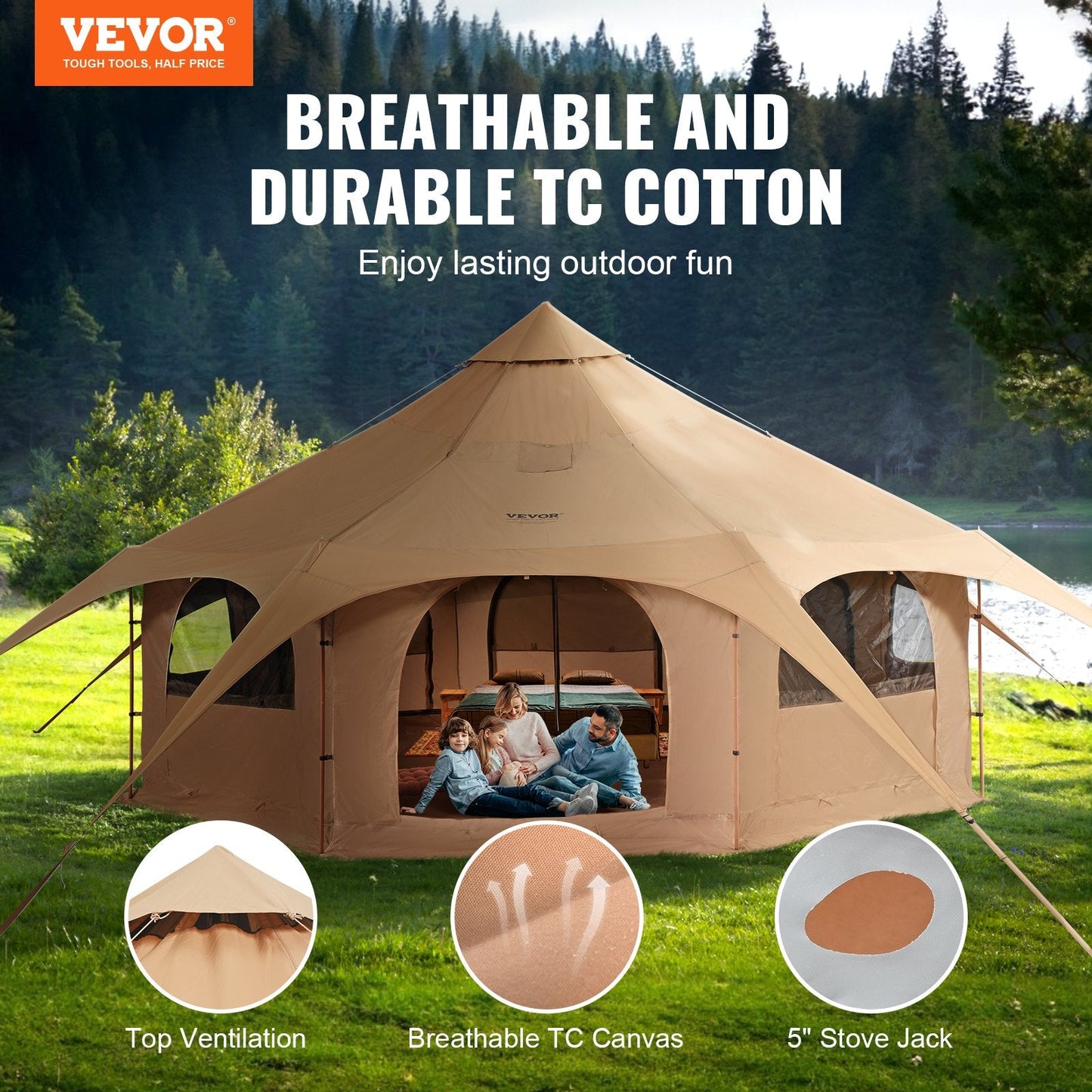 All-Season 5m Bell Tent with Stove Jack for Camping, Easy Setup & Large Space