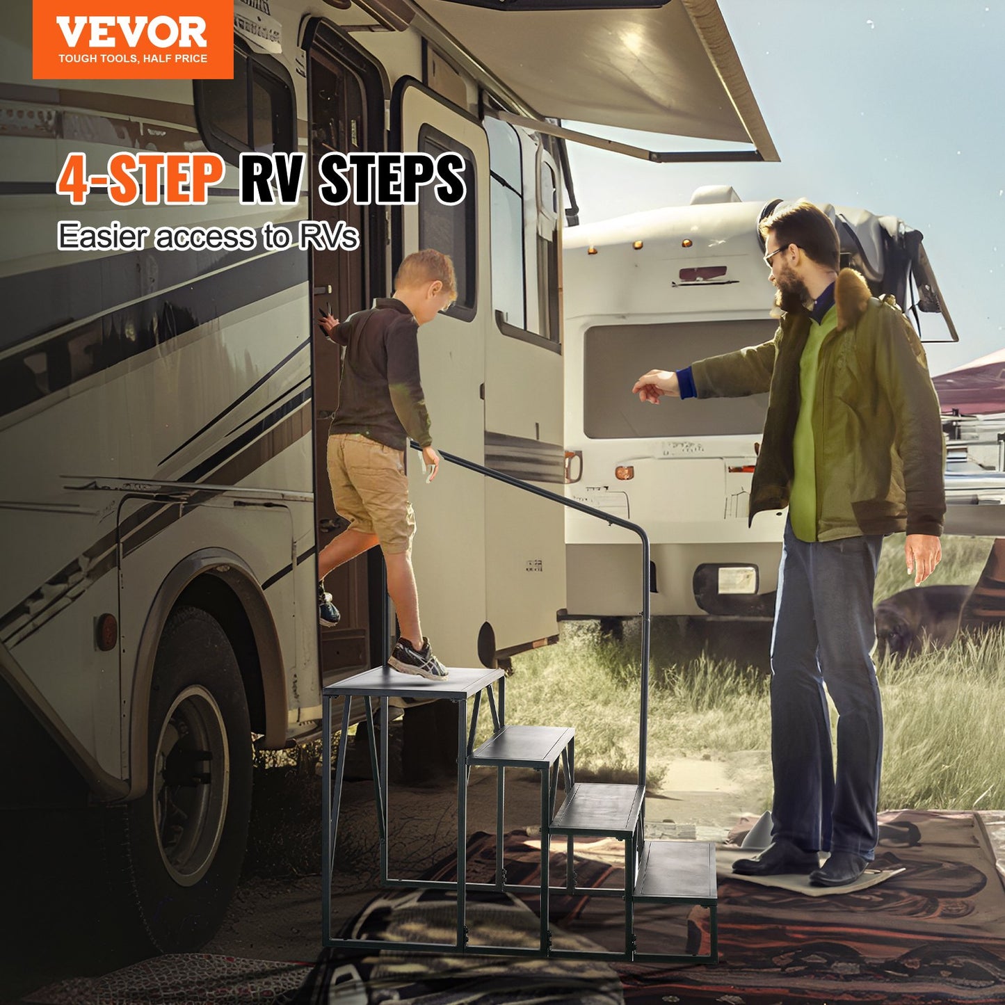 VEVOR RV Steps, 4-Step RV Stairs, 199.58KGS Load Capacity, Thickened Carbon Steel,