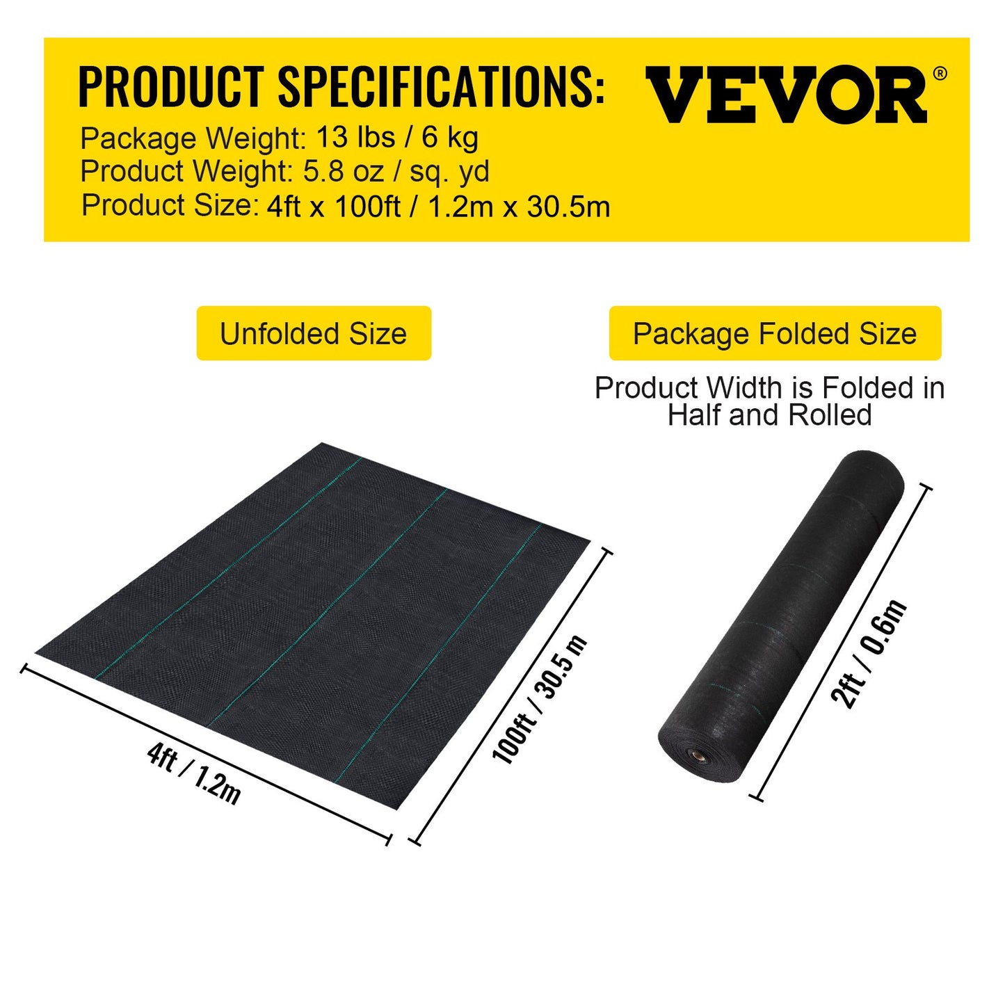 VEVOR Woven Ground Cover Weed Barrier 5.8oz Landscape Fabric 4'x 100' Garden Mat