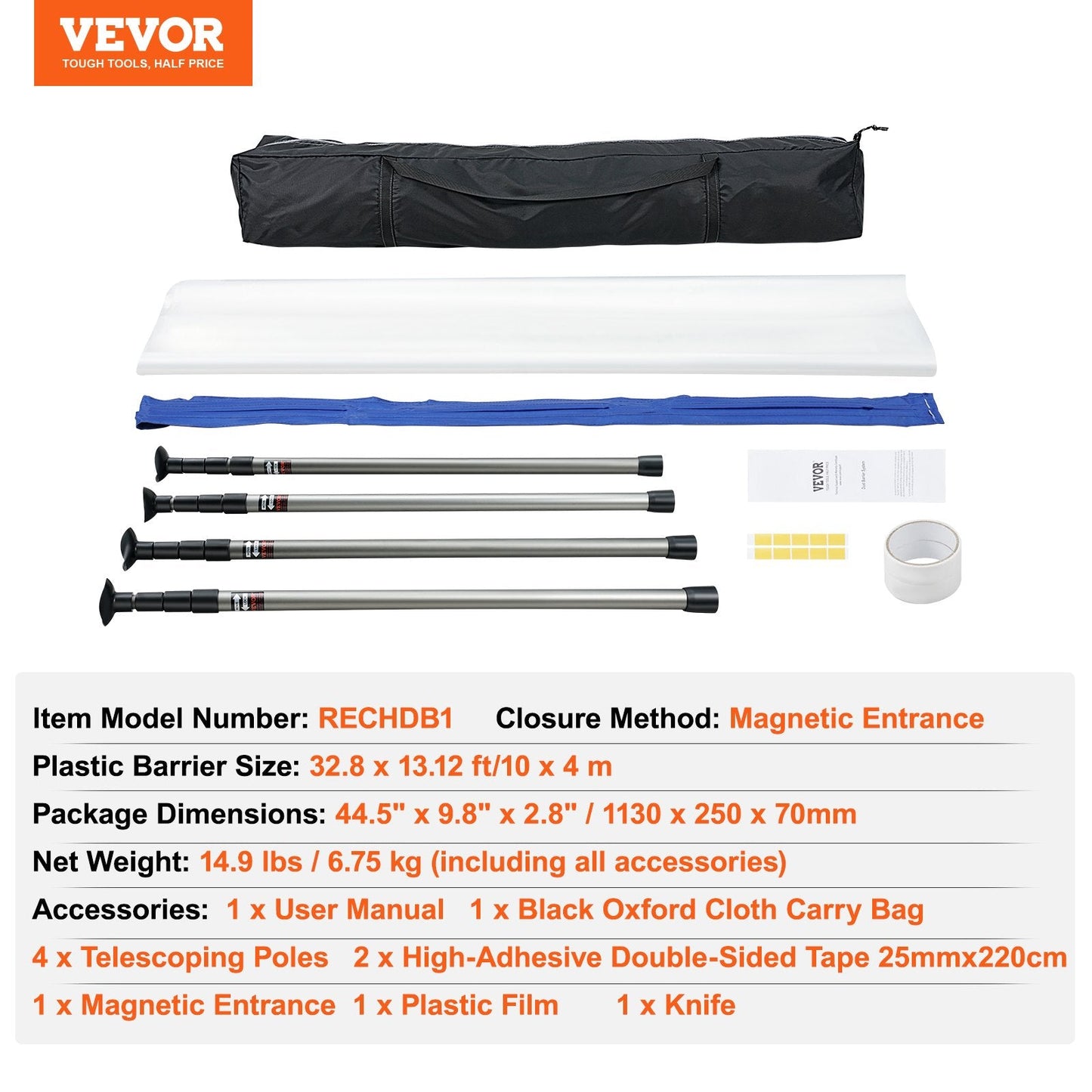 Telescopic Dust Barrier System with Magnetic Zipper & Carry Bag, 10x4m Film