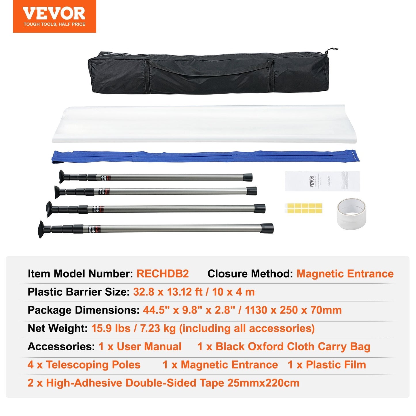 Telescopic Dust Barrier System, 3.65m Poles with Magnetic Zipper & Carry Bag