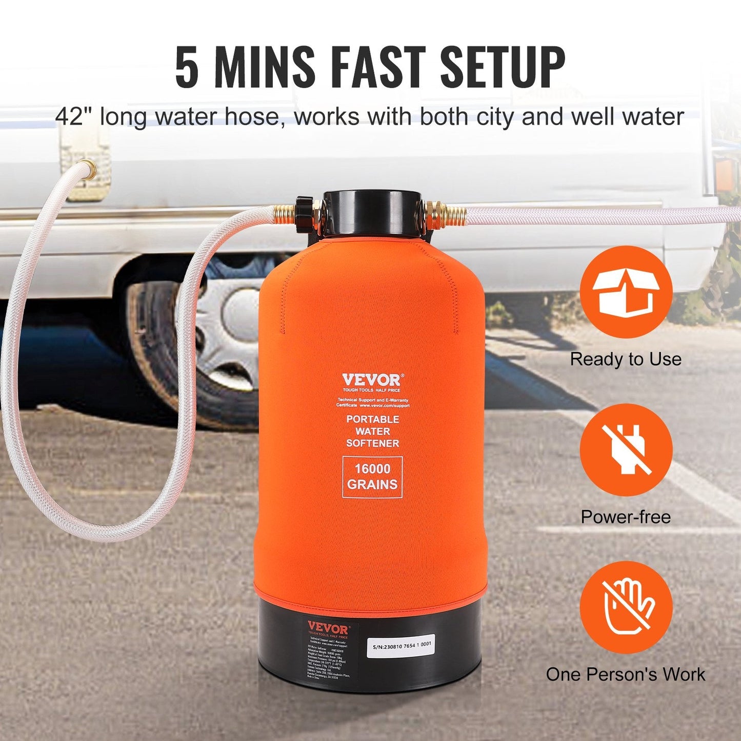 Portable 16,000 Grain Water Softener with 0.75m Brass Fittings for RVs and Boats