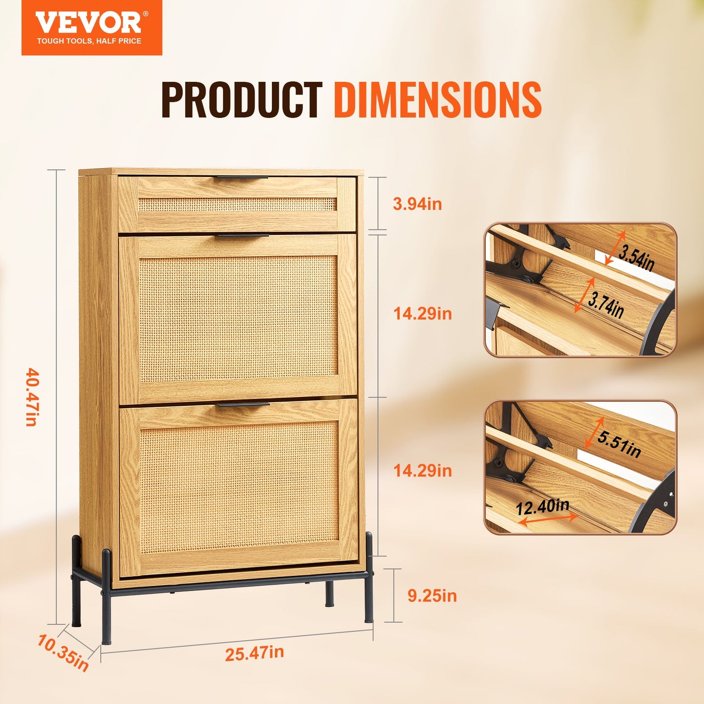 VEVOR Rattan Shoe Cabinet Shoe Organizer with 2 Flip Drawers & 1 Slide Drawer