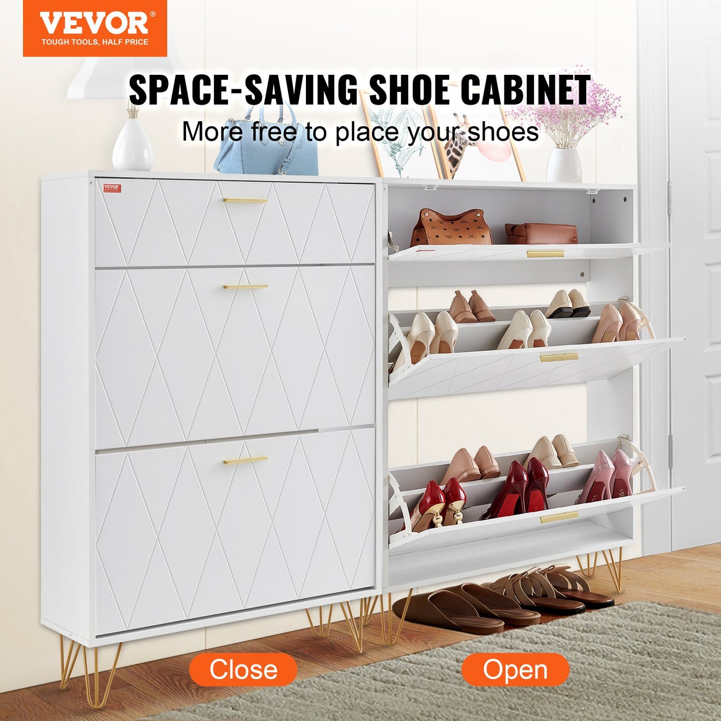 VEVOR Shoe Cabinet with 3 Flip Drawers, Shoe Storage Cabinet for Entryway, Free