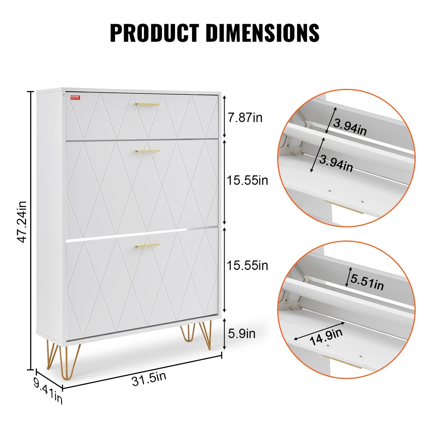 VEVOR Shoe Cabinet with 3 Flip Drawers, Shoe Storage Cabinet for Entryway, Free