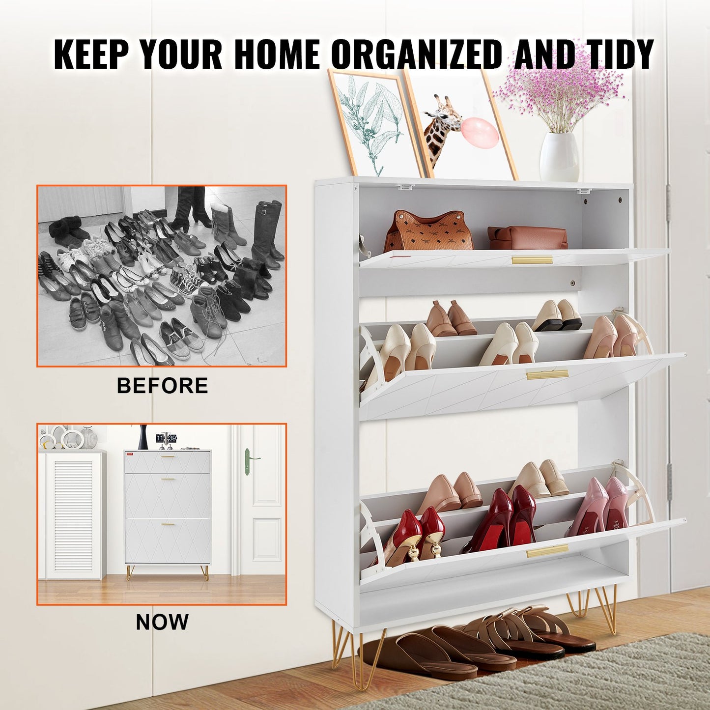 VEVOR Shoe Cabinet with 3 Flip Drawers, Shoe Storage Cabinet for Entryway, Free