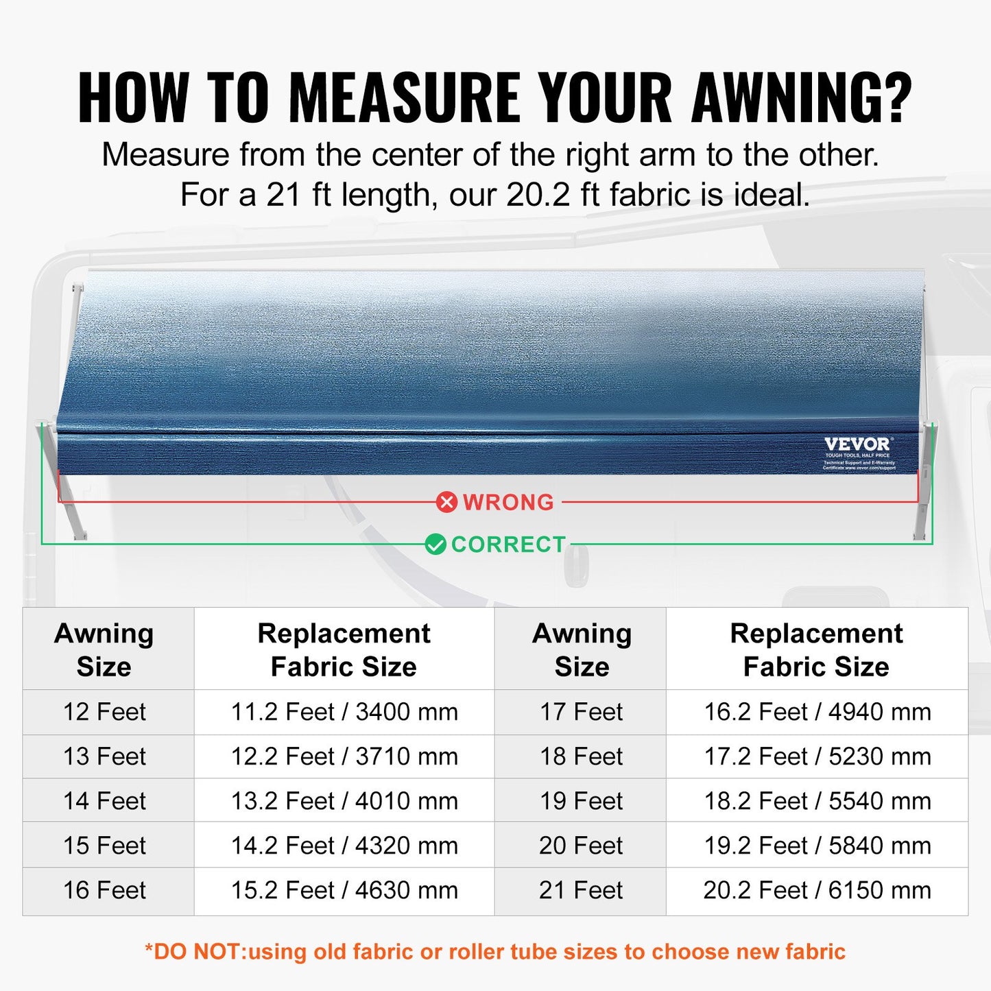 VEVOR RV Awning Fabric Replacement, 6.15m Fabric Length for 6.4m Awning, Heavy Duty