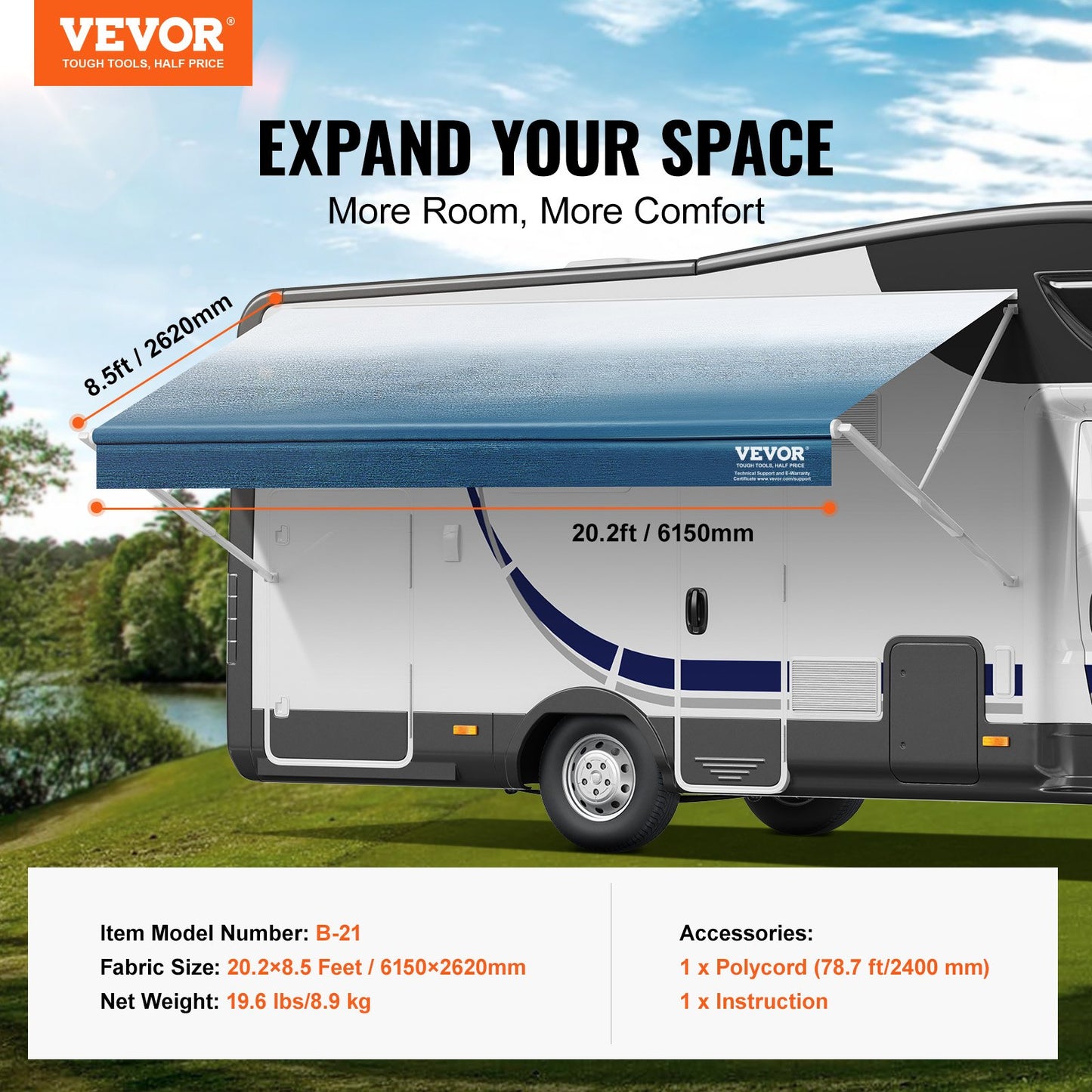 VEVOR RV Awning Fabric Replacement, 6.15m Fabric Length for 6.4m Awning, Heavy Duty